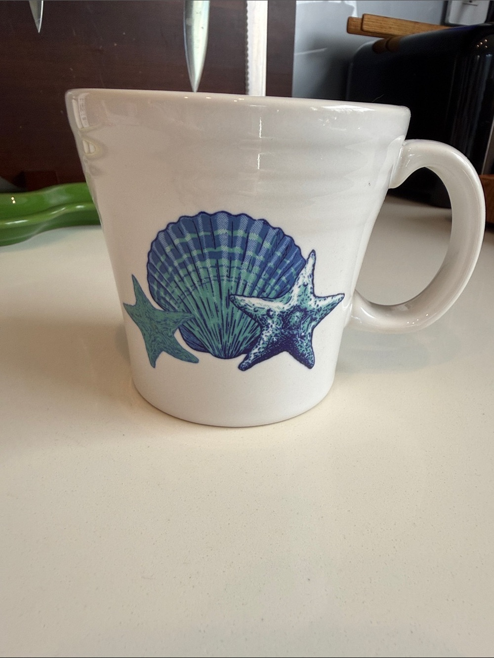 Fiestaware White Mug with Blue and Teal Shell & Starfish